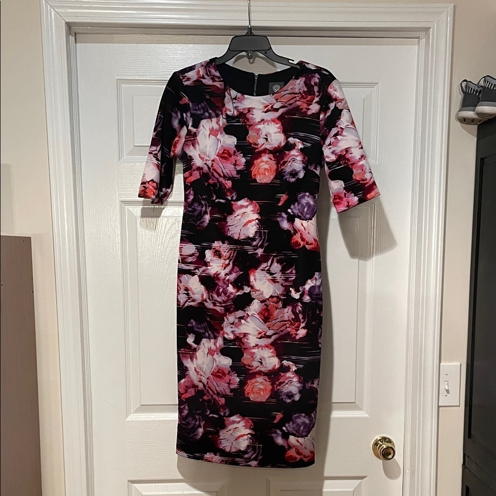 Vince Camuto Black and Pink Floral Midi Dress